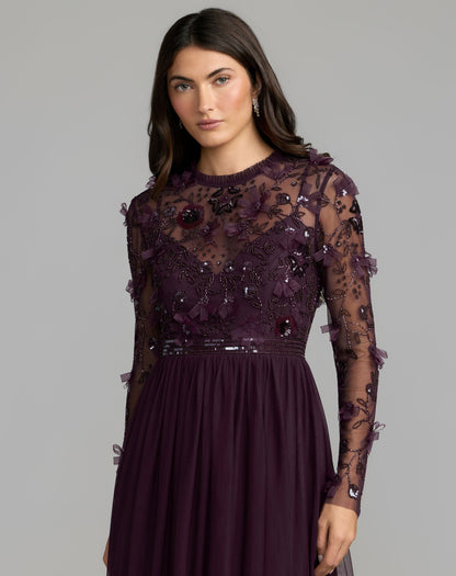 Mac Duggal Purple Embellished Illusion High Neck Long Sleeve Gown