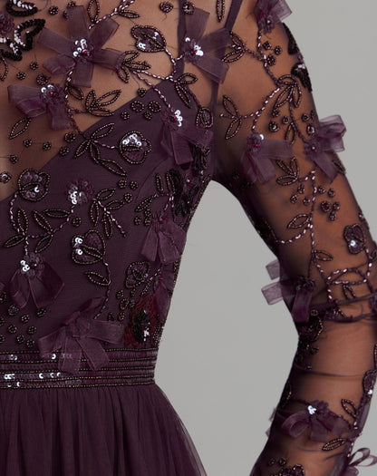 Mac Duggal Purple Embellished Illusion High Neck Long Sleeve Gown