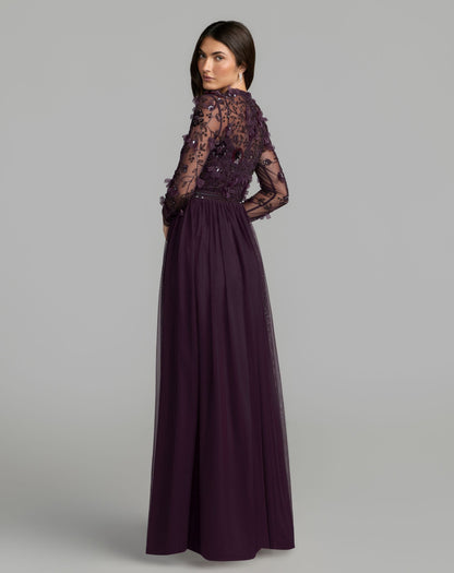 Mac Duggal Purple Embellished Illusion High Neck Long Sleeve Gown