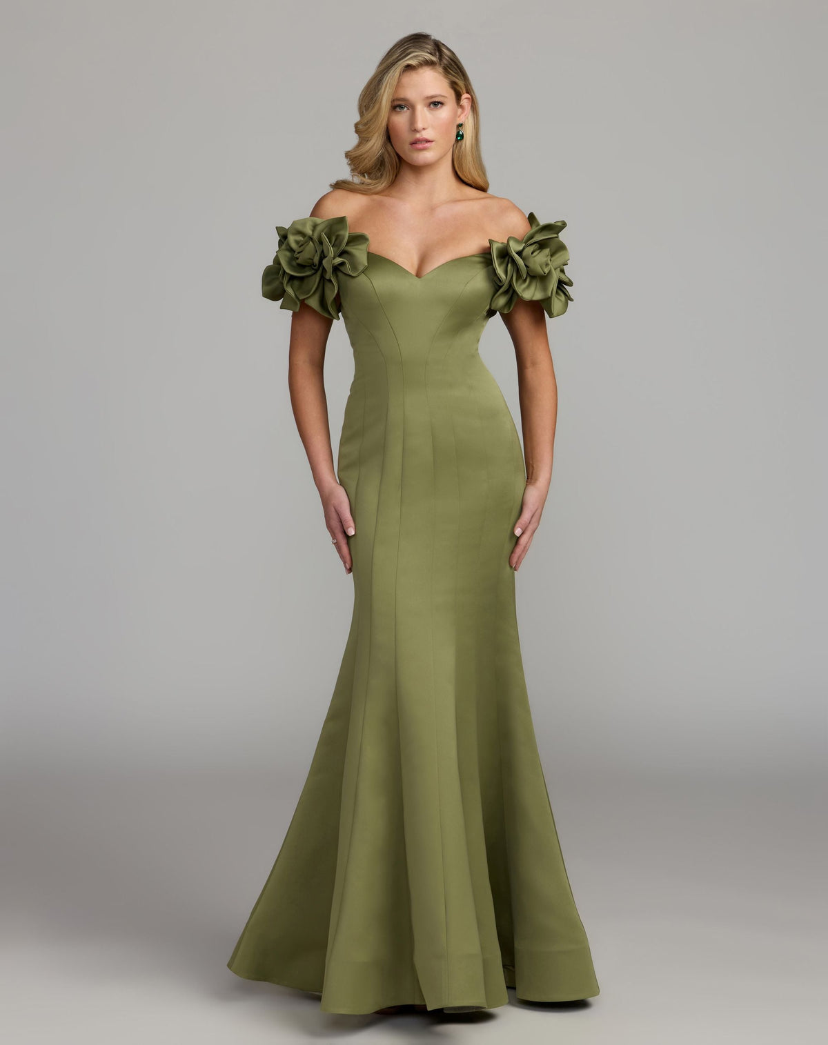 Mac Duggal Green Off The Shoulder Gown with 3D Floral Sleeves