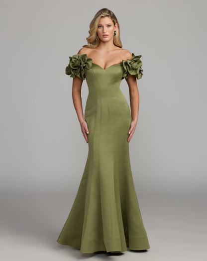 Mac Duggal Green Off The Shoulder Gown with 3D Floral Sleeves