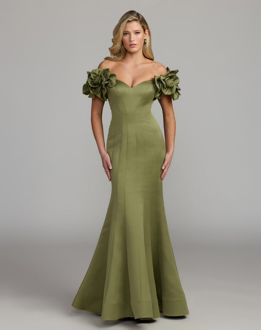 Mac Duggal Green Off The Shoulder Gown with 3D Floral Sleeves