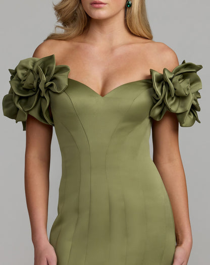 Mac Duggal Green Off The Shoulder Gown with 3D Floral Sleeves