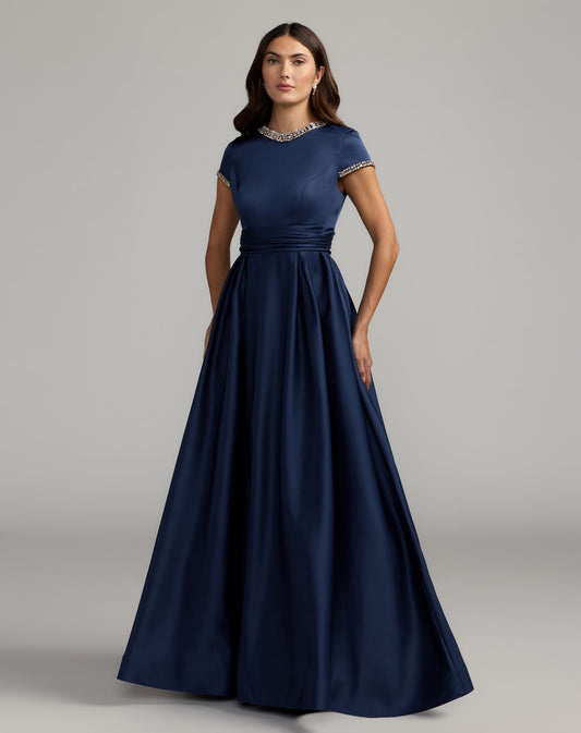 Mac Duggal Petite Navy Embellished Satin Cap Sleeve Ball Gown