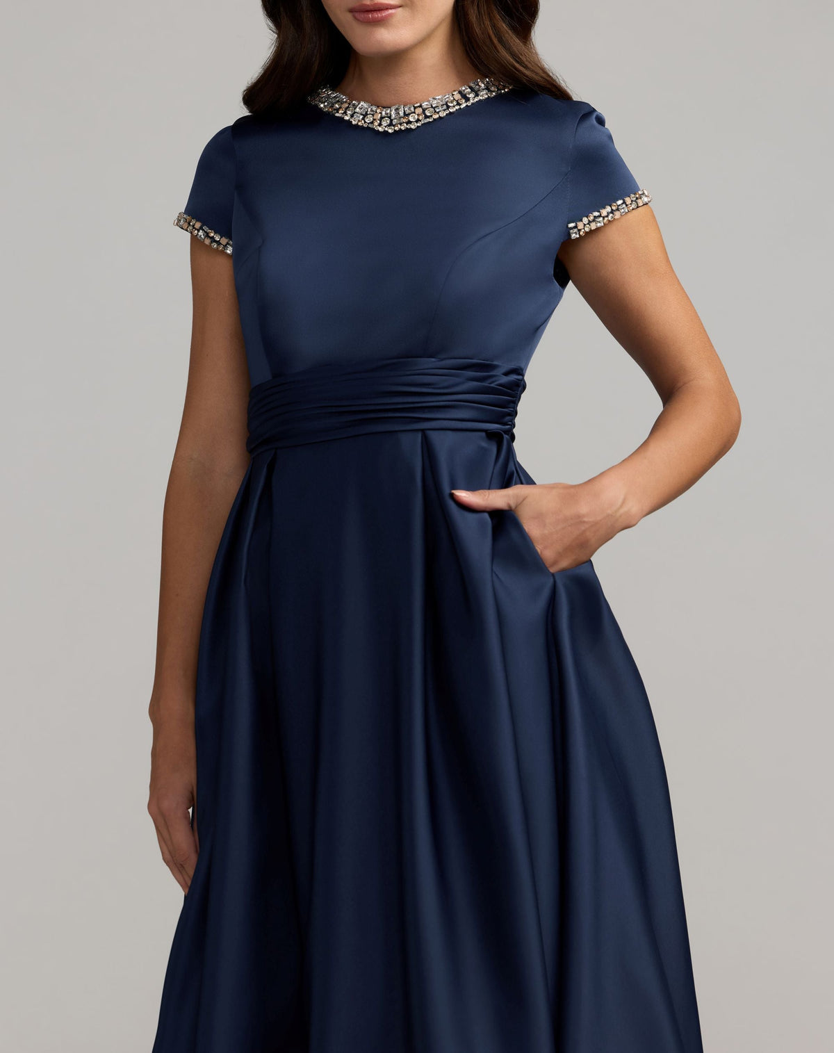 Mac Duggal Petite Navy Embellished Satin Cap Sleeve Ball Gown