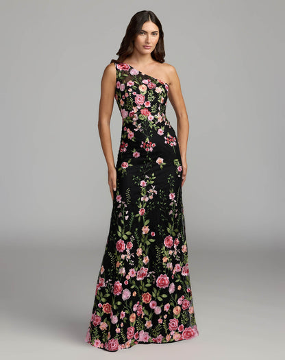 Mac Duggal Black One Shoulder Floral Embroidered Gown