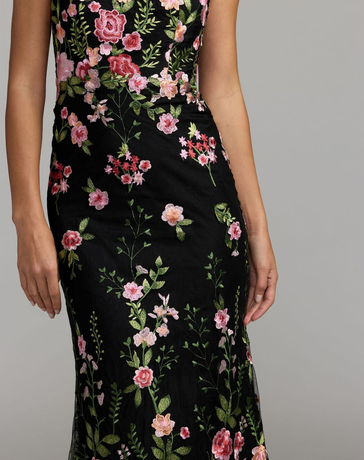 Mac Duggal Black One Shoulder Floral Embroidered Gown