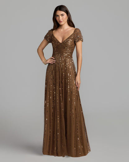 Mac Duggal Brown Embellished V-Neck Cap Sleeve Gown