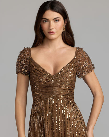 Mac Duggal Brown Embellished V-Neck Cap Sleeve Gown