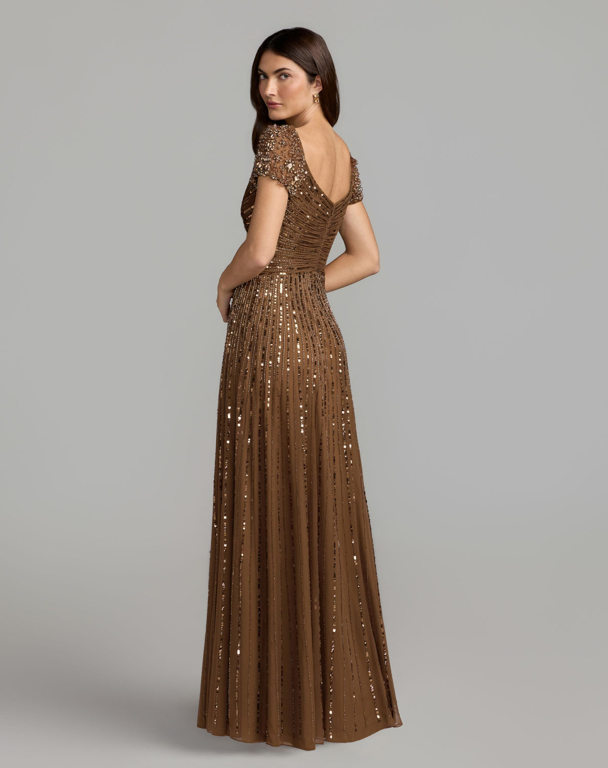 Mac Duggal Brown Embellished V-Neck Cap Sleeve Gown