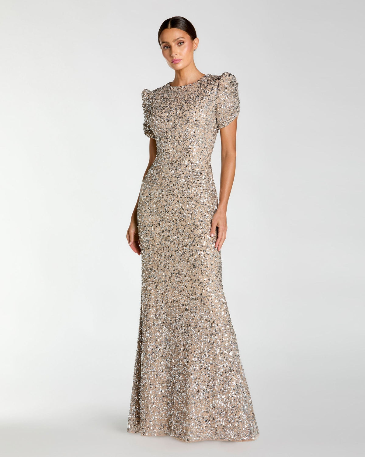 Mac Duggal Petite Beige Sequin Trumpet Gown with Puff Sleeves
