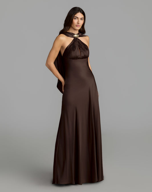 Mac Duggal Brown Charmeuse Cowl Back Halter Gown