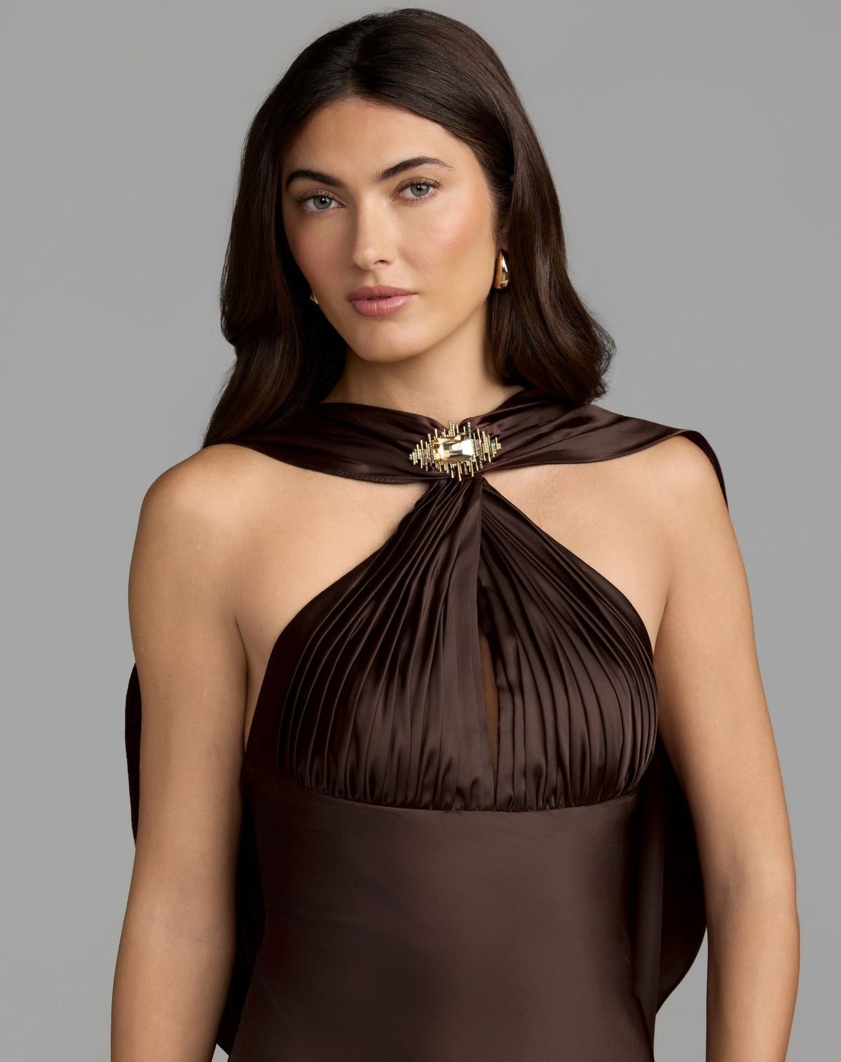 Mac Duggal Brown Charmeuse Cowl Back Halter Gown