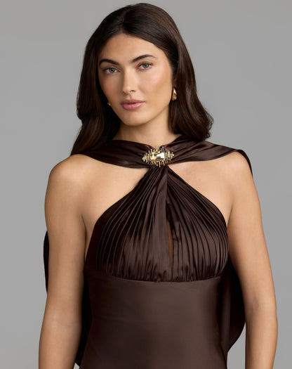 Mac Duggal Brown Charmeuse Cowl Back Halter Gown