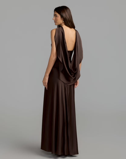 Mac Duggal Brown Charmeuse Cowl Back Halter Gown