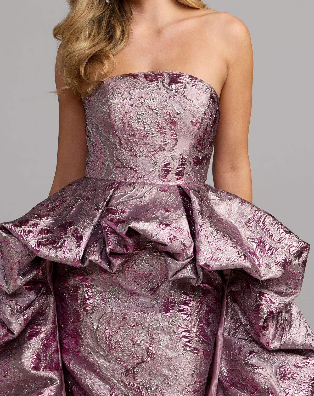 Mac Duggal Pink Metallic Strapless Gown With Bubble Overskirt