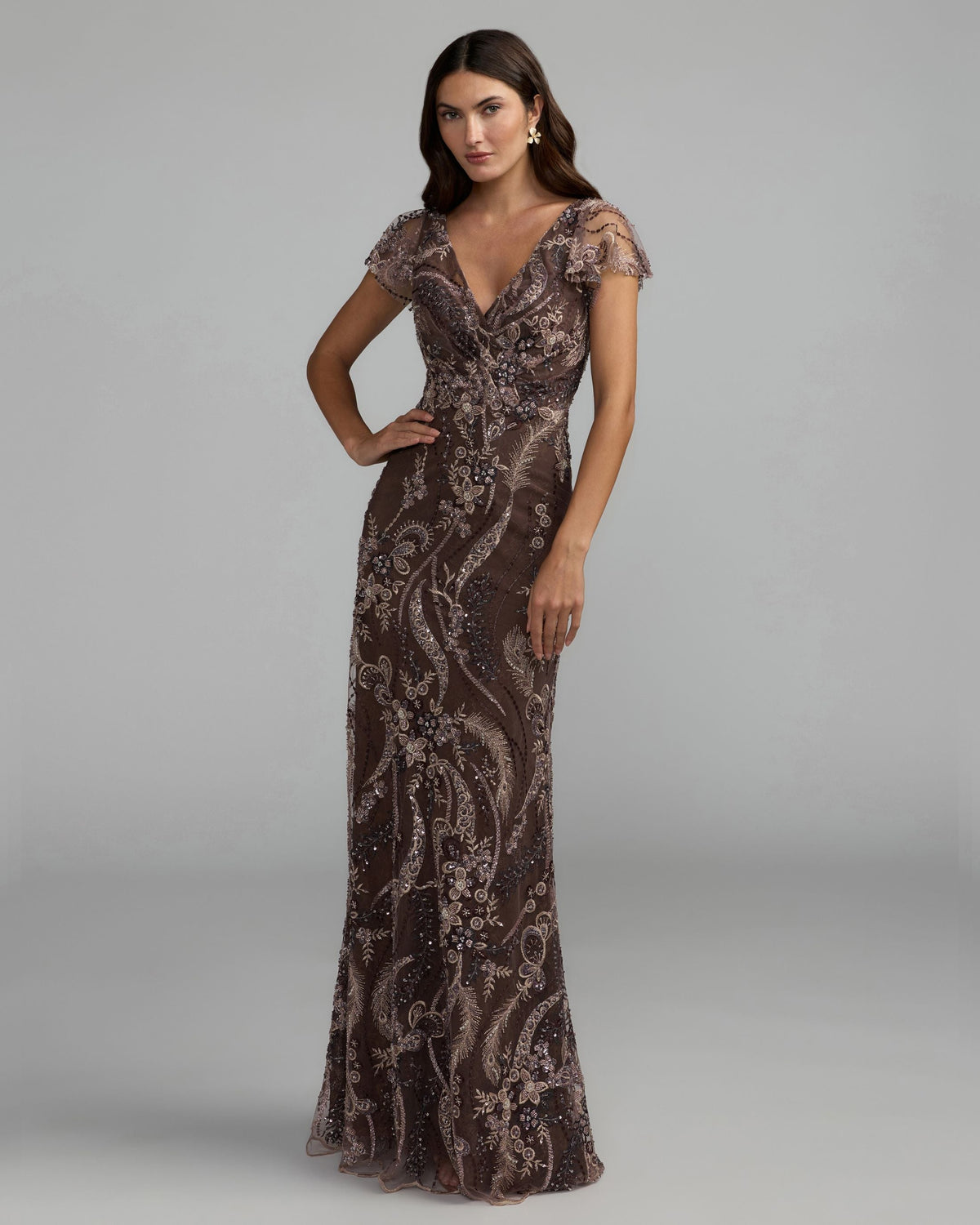 Mac Duggal Brown V Neck Flutter Sleeve Embroidered Lace Gown
