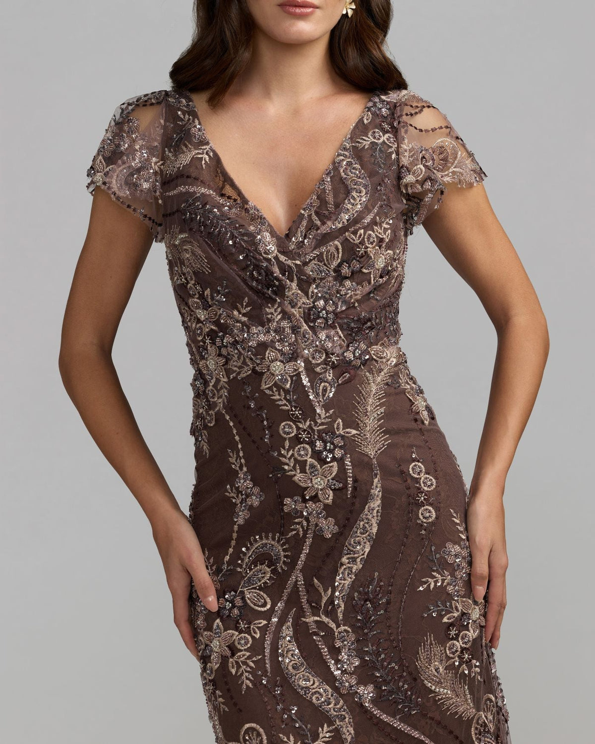 Mac Duggal Brown V Neck Flutter Sleeve Embroidered Lace Gown
