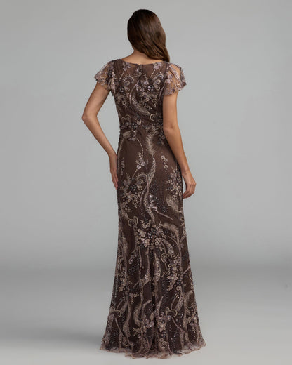 Mac Duggal Brown V Neck Flutter Sleeve Embroidered Lace Gown