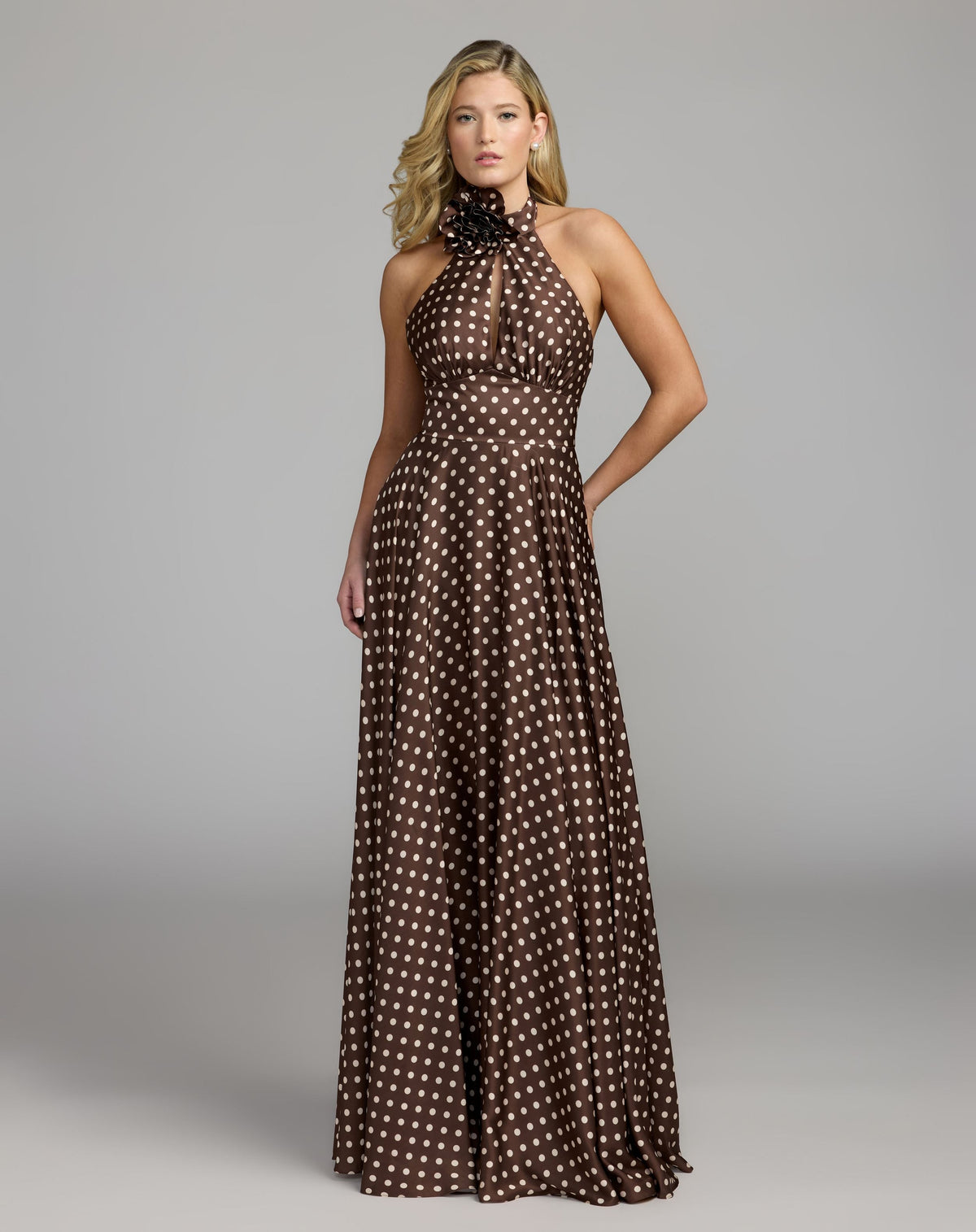 Mac Duggal Brown Polka Dot A-Line Halter Gown With Rosette