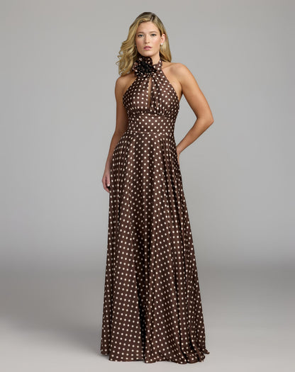 Mac Duggal Brown Polka Dot A-Line Halter Gown With Rosette