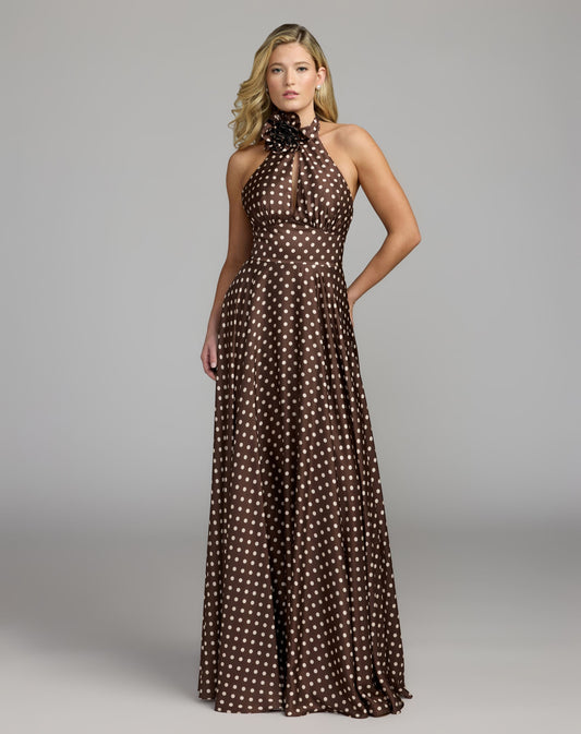 Mac Duggal Brown Polka Dot A-Line Halter Gown With Rosette