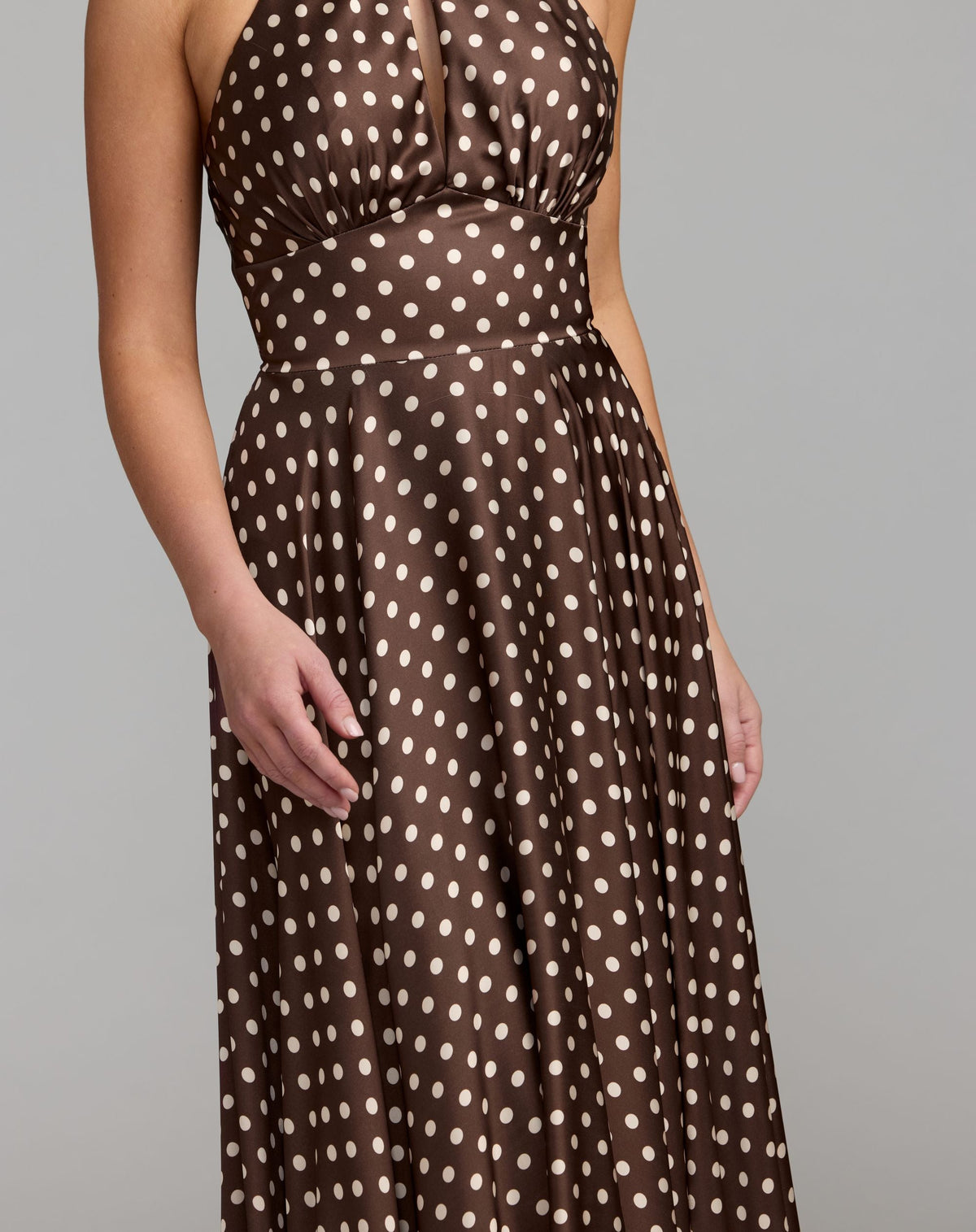 Mac Duggal Brown Polka Dot A-Line Halter Gown With Rosette