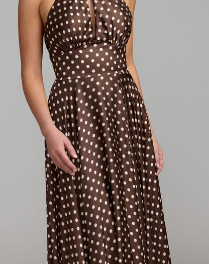 Mac Duggal Brown Polka Dot A-Line Halter Gown With Rosette