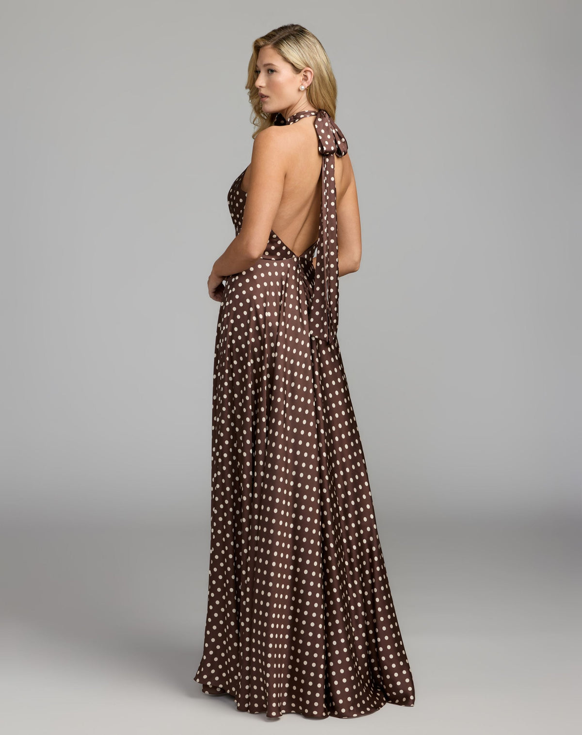 Mac Duggal Brown Polka Dot A-Line Halter Gown With Rosette