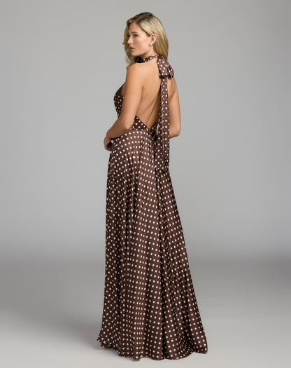 Mac Duggal Brown Polka Dot A-Line Halter Gown With Rosette