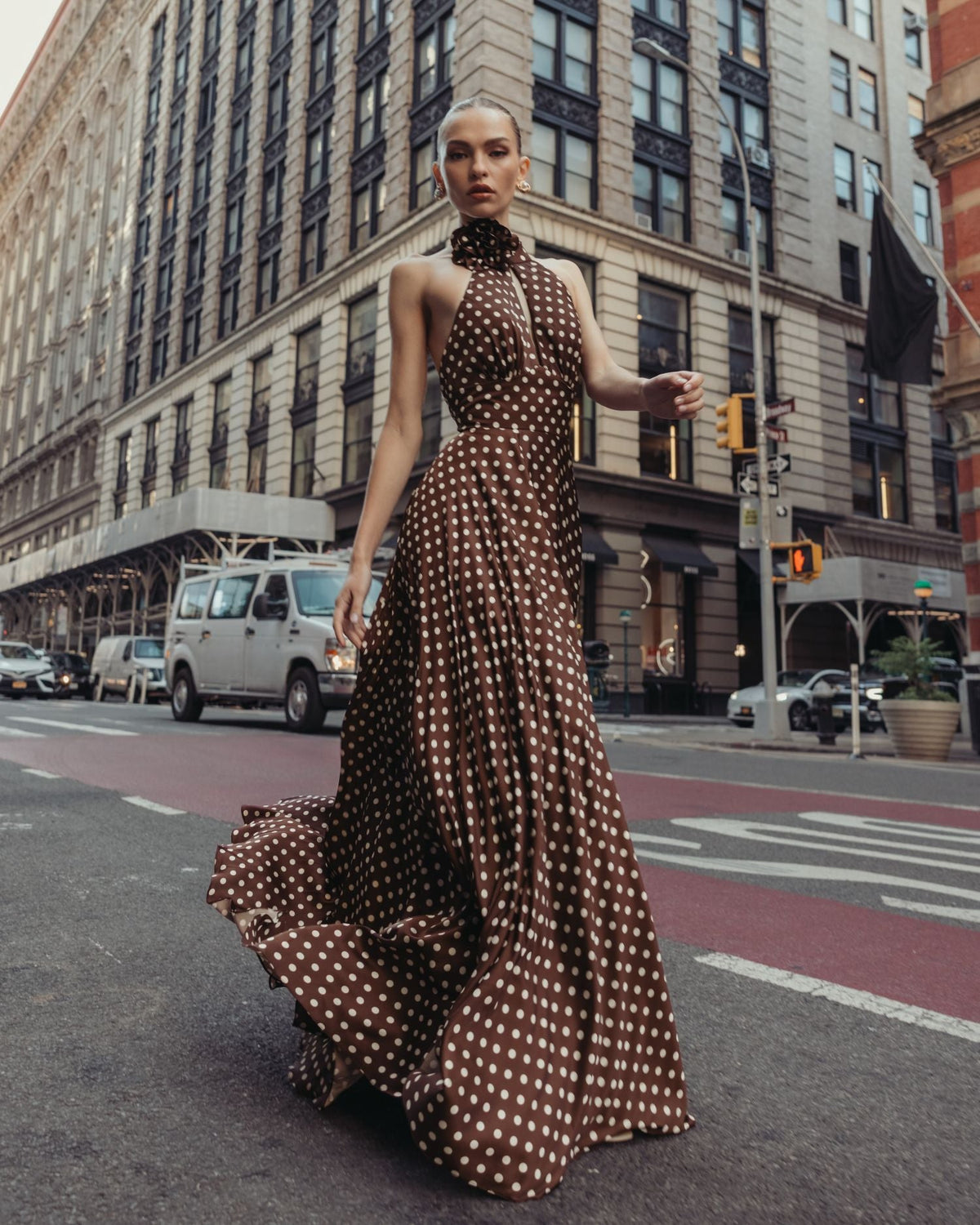 Mac Duggal Brown Polka Dot A-Line Halter Gown With Rosette