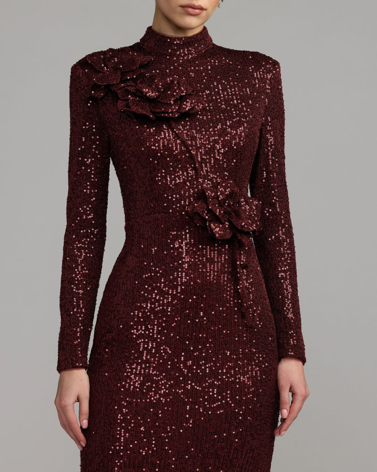 Mac Duggal Burgundy Long Sleeve Sequin Gown With Flowers