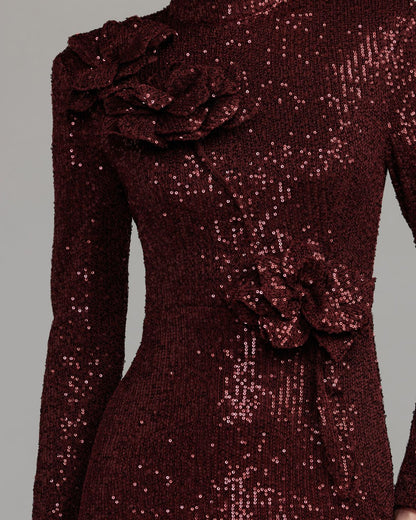 Mac Duggal Burgundy Long Sleeve Sequin Gown With Flowers