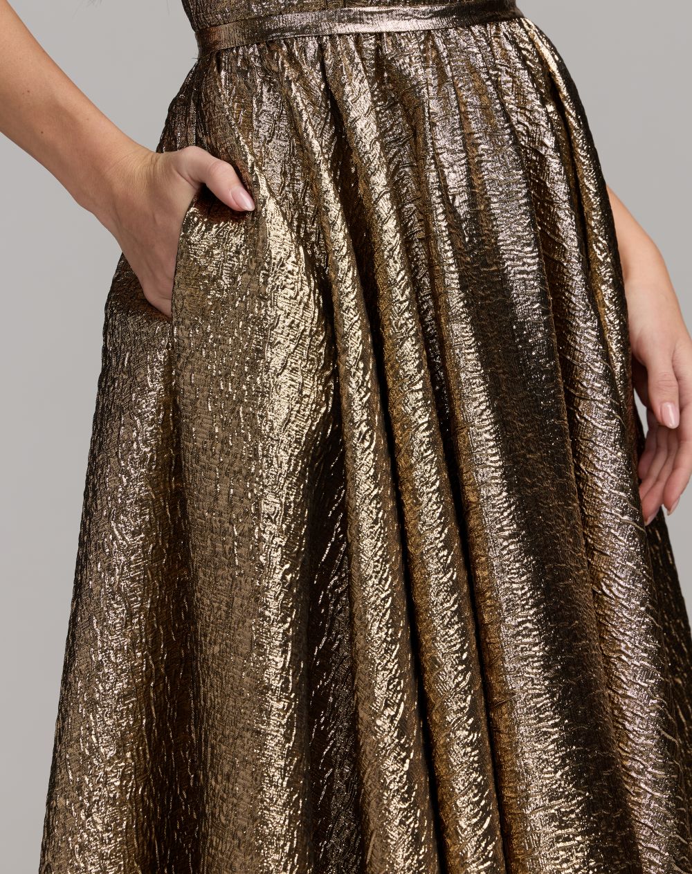 Mac Duggal Gold Metallic Strapless Brocade Gown With Bow