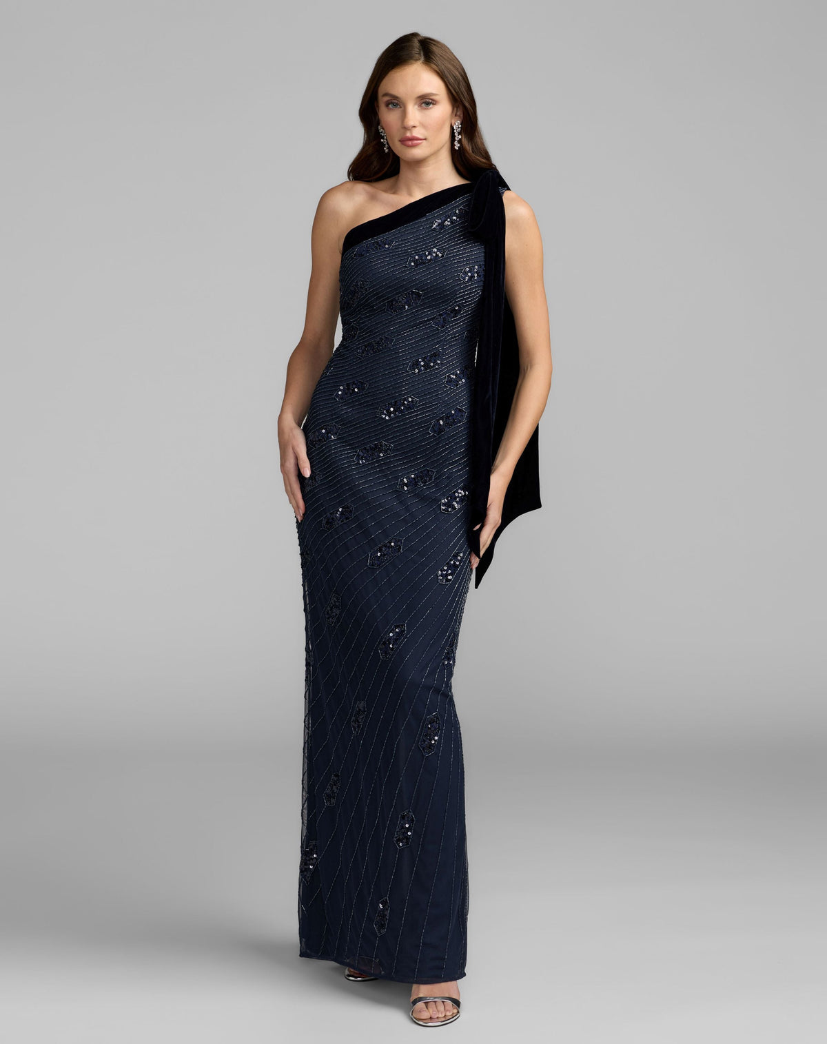 Mac Duggal Navy Beaded One Shoulder Gown With Velvet Bow