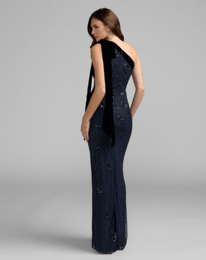 Mac Duggal Navy Beaded One Shoulder Gown With Velvet Bow