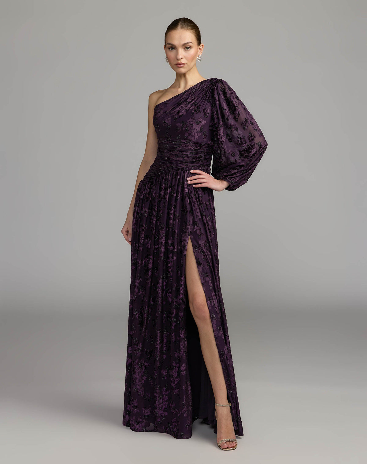 Mac Duggal Purple One Shoulder Burnout Velvet Gown