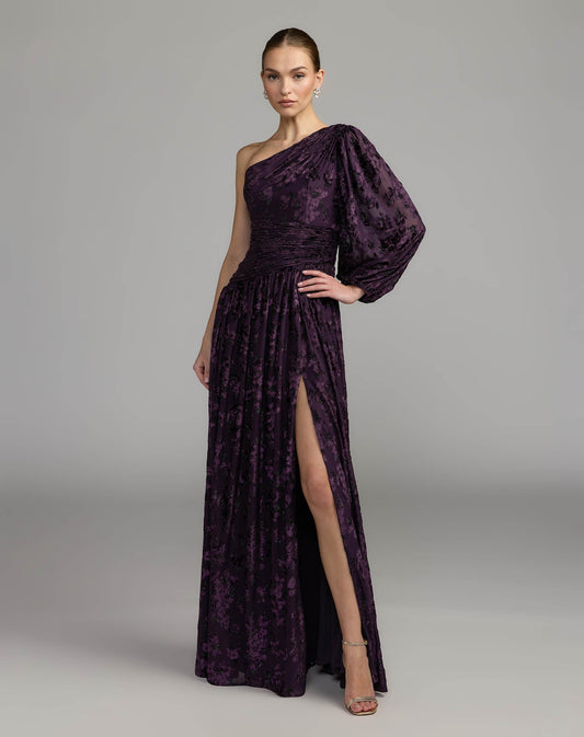 Mac Duggal Purple One Shoulder Burnout Velvet Gown
