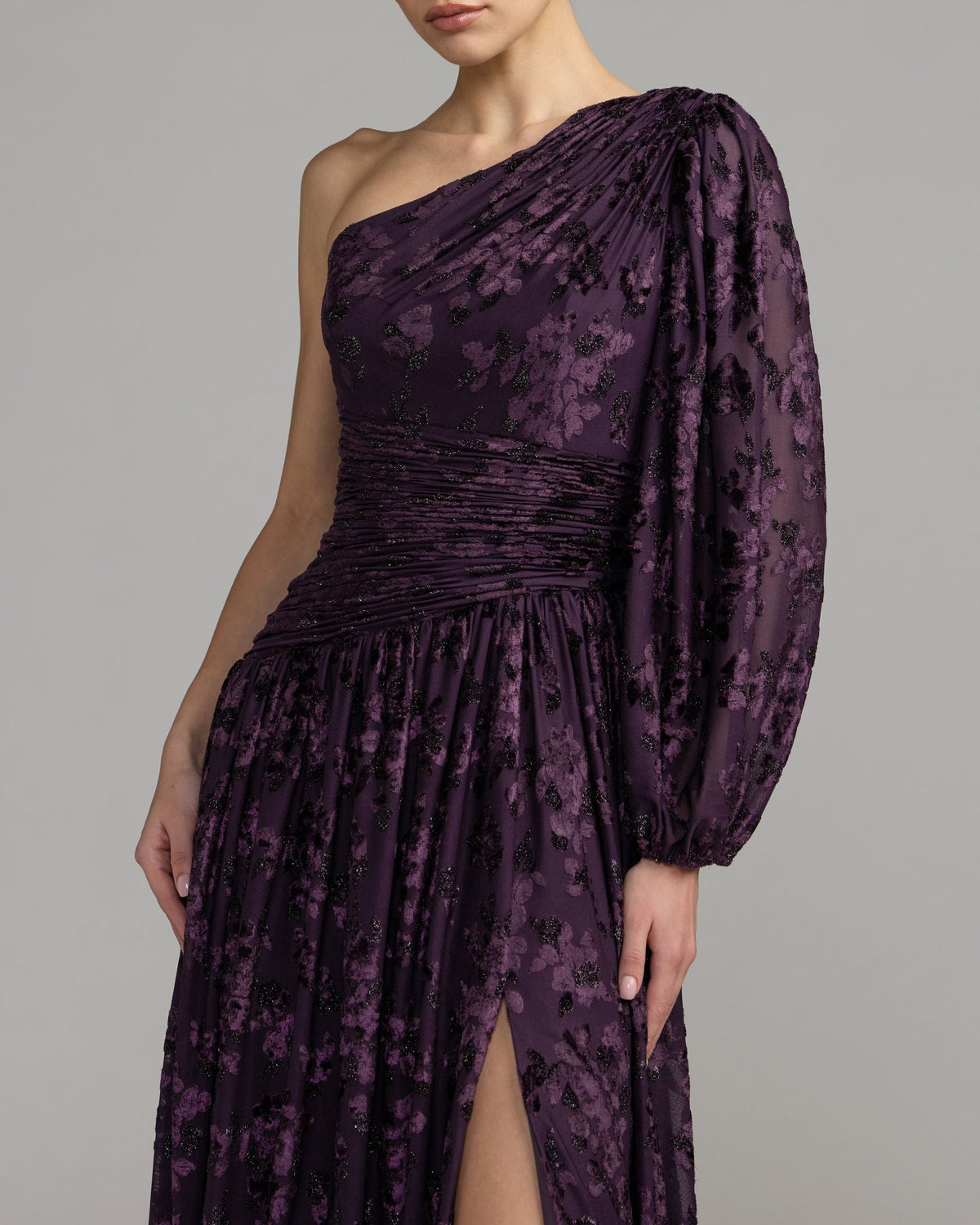 Mac Duggal Purple One Shoulder Burnout Velvet Gown