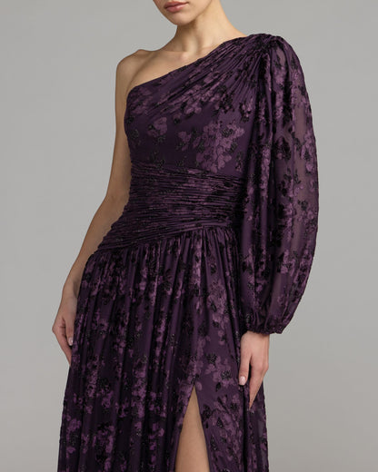 Mac Duggal Purple One Shoulder Burnout Velvet Gown