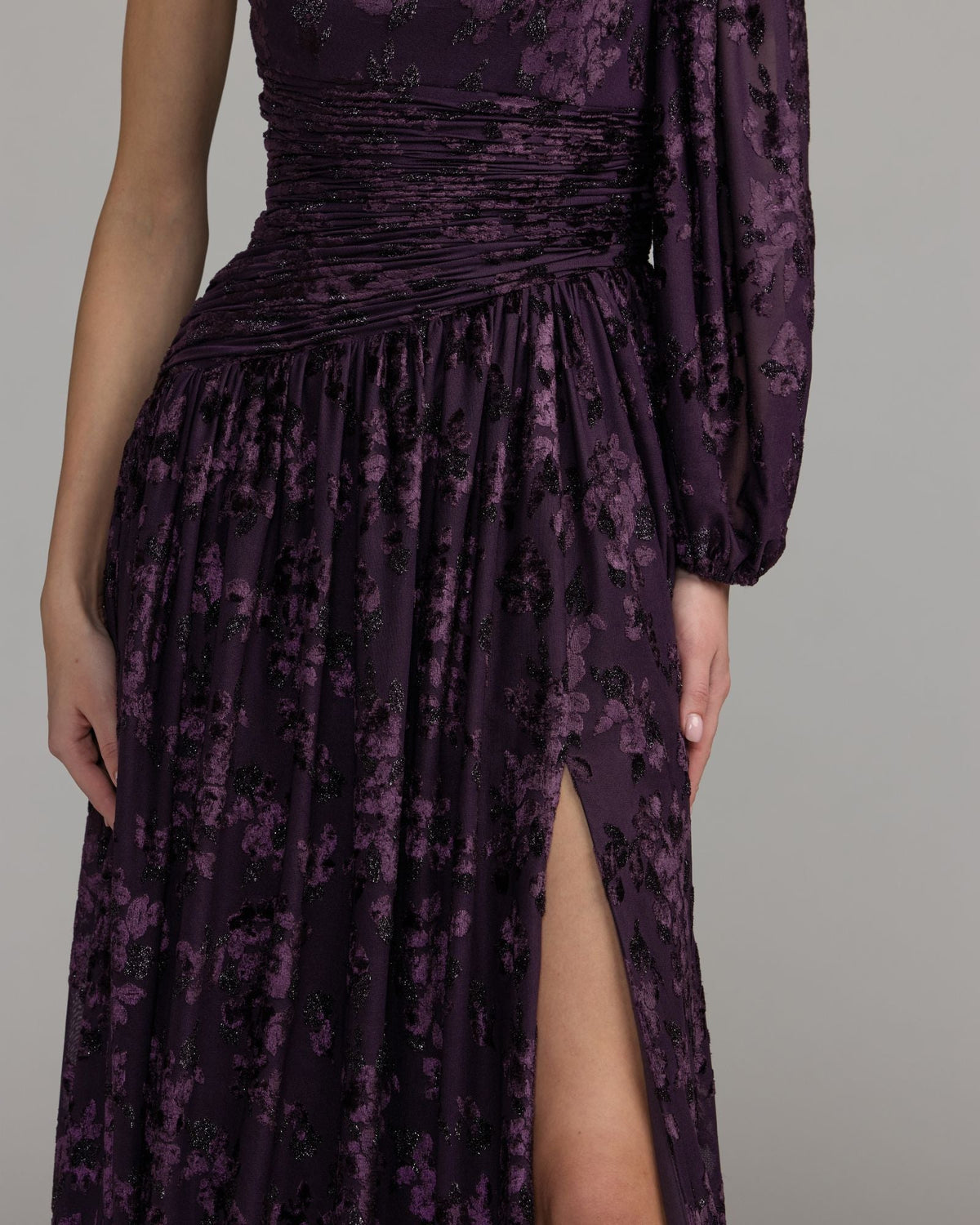 Mac Duggal Purple One Shoulder Burnout Velvet Gown
