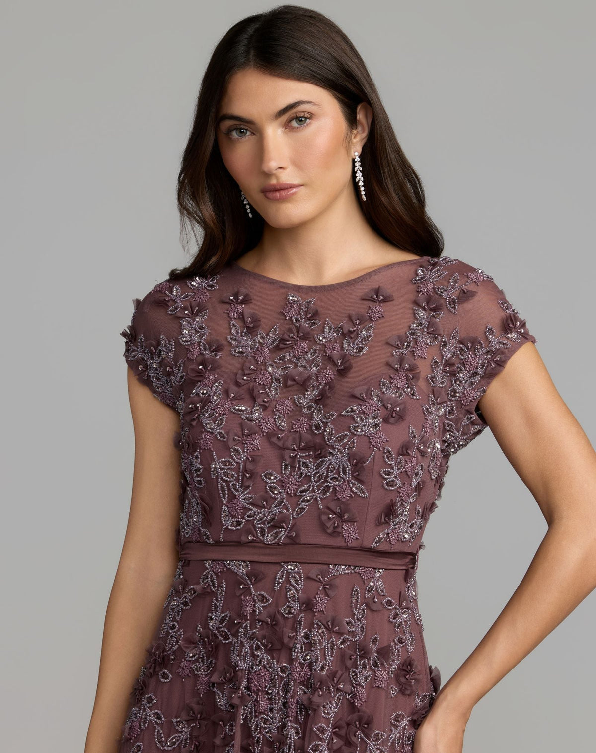 Mac Duggal Purple Floral Embellished Cap Sleeve Gown