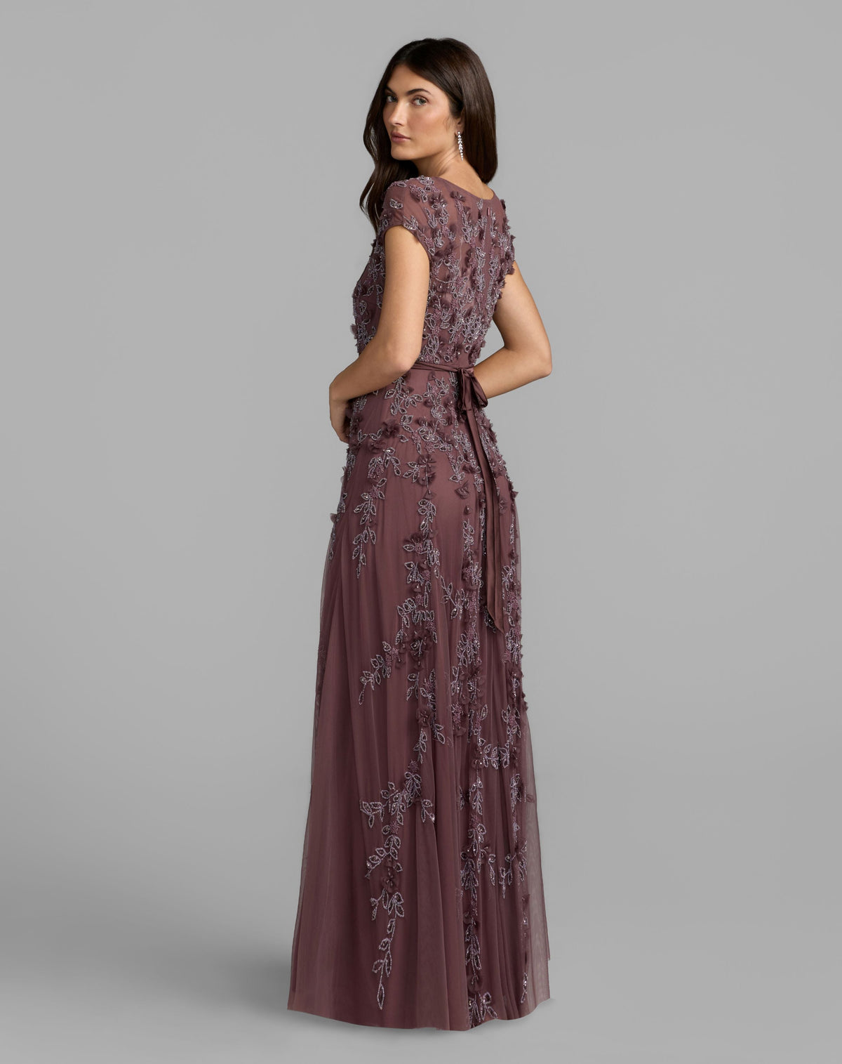 Mac Duggal Purple Floral Embellished Cap Sleeve Gown