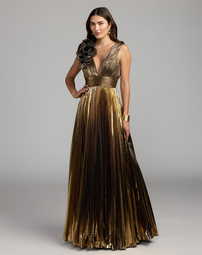 Mac Duggal Gold Sleeveless Metallic V-Neck Gown With Ruffle Detail