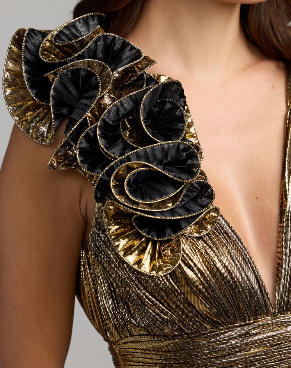 Mac Duggal Gold Sleeveless Metallic V-Neck Gown With Ruffle Detail