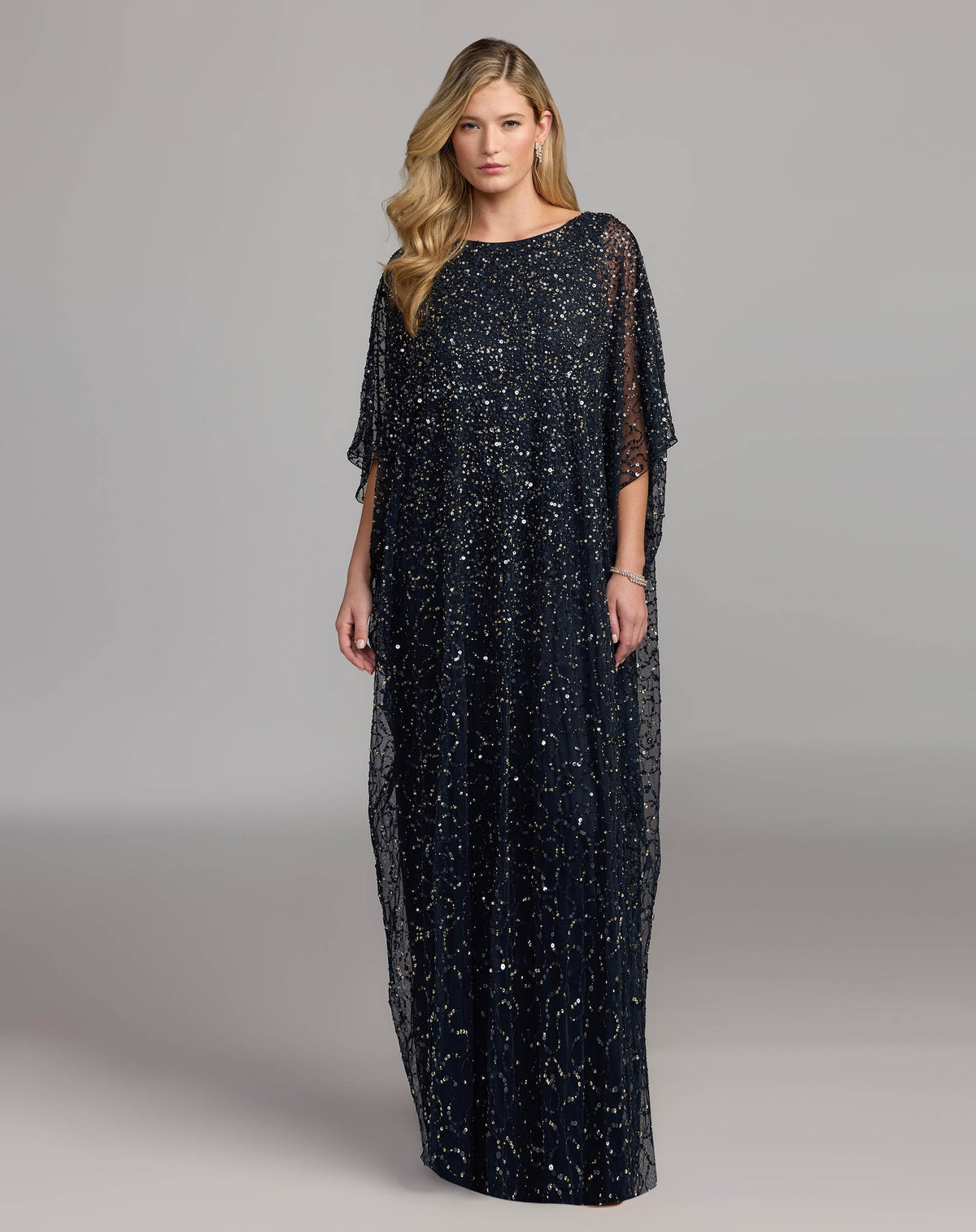 Mac Duggal Navy Sequin Embellished Kaftan Gown