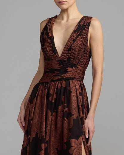Mac Duggal Brown Floral Sleeveless Plunge Neck Gown