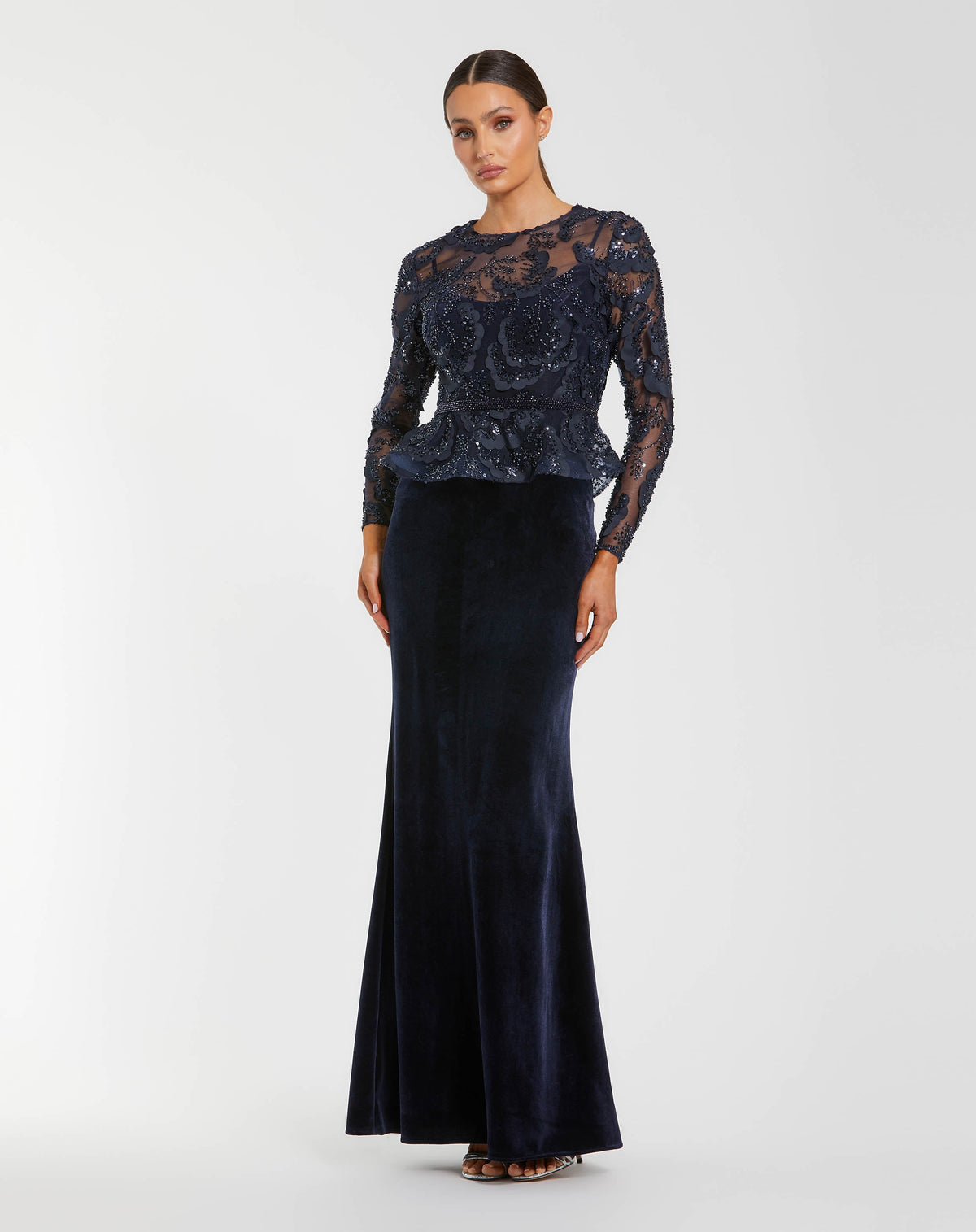 Mac Duggal Navy Embellished Peplum Gown With Velvet Skirt