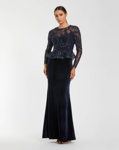 Mac Duggal Navy Embellished Peplum Gown With Velvet Skirt