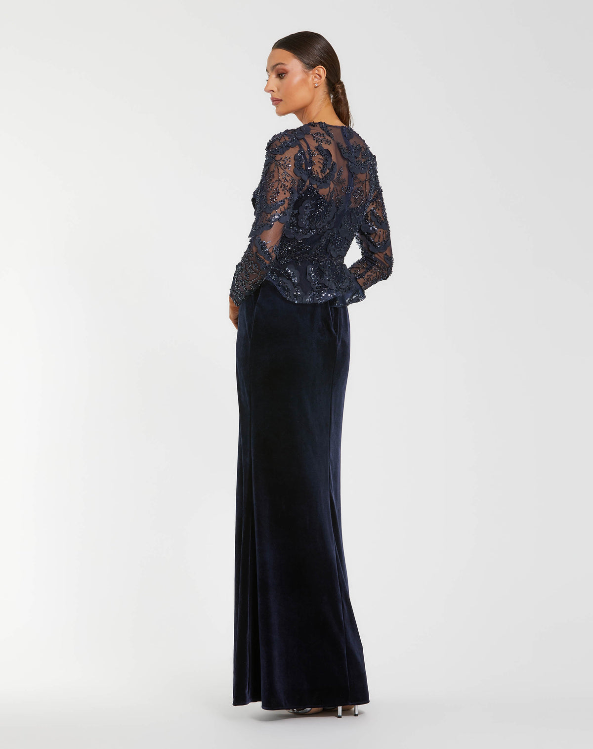 Mac Duggal Navy Embellished Peplum Gown With Velvet Skirt